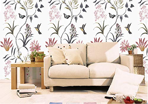 HOYOYO Four Seasons Pink Blossom Self-Adhesive Liner Paper, Blossom Humming Birds Butterflies Removable Peel and Stick Dresser Cabinets Furniture Table Desk Home Decor 17.8 x 118 inch, White