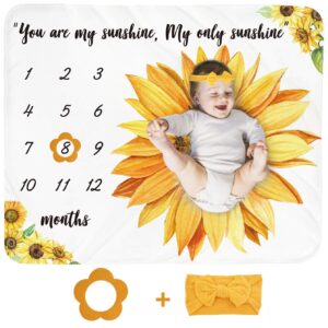 baby monthly milestone blanket girl - sunflower newborn month blanket personalized shower gift floral nursery decor flower photography background prop with frame headband large 51''x40''