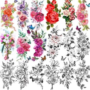 tasroi 18 sheets sexy flower rose temporary tattoos for women girls adults, women body art fake arm tattoo stickers, waterproof moon butterfly black floral tattoo temporary orchid dahlia neck tatoos