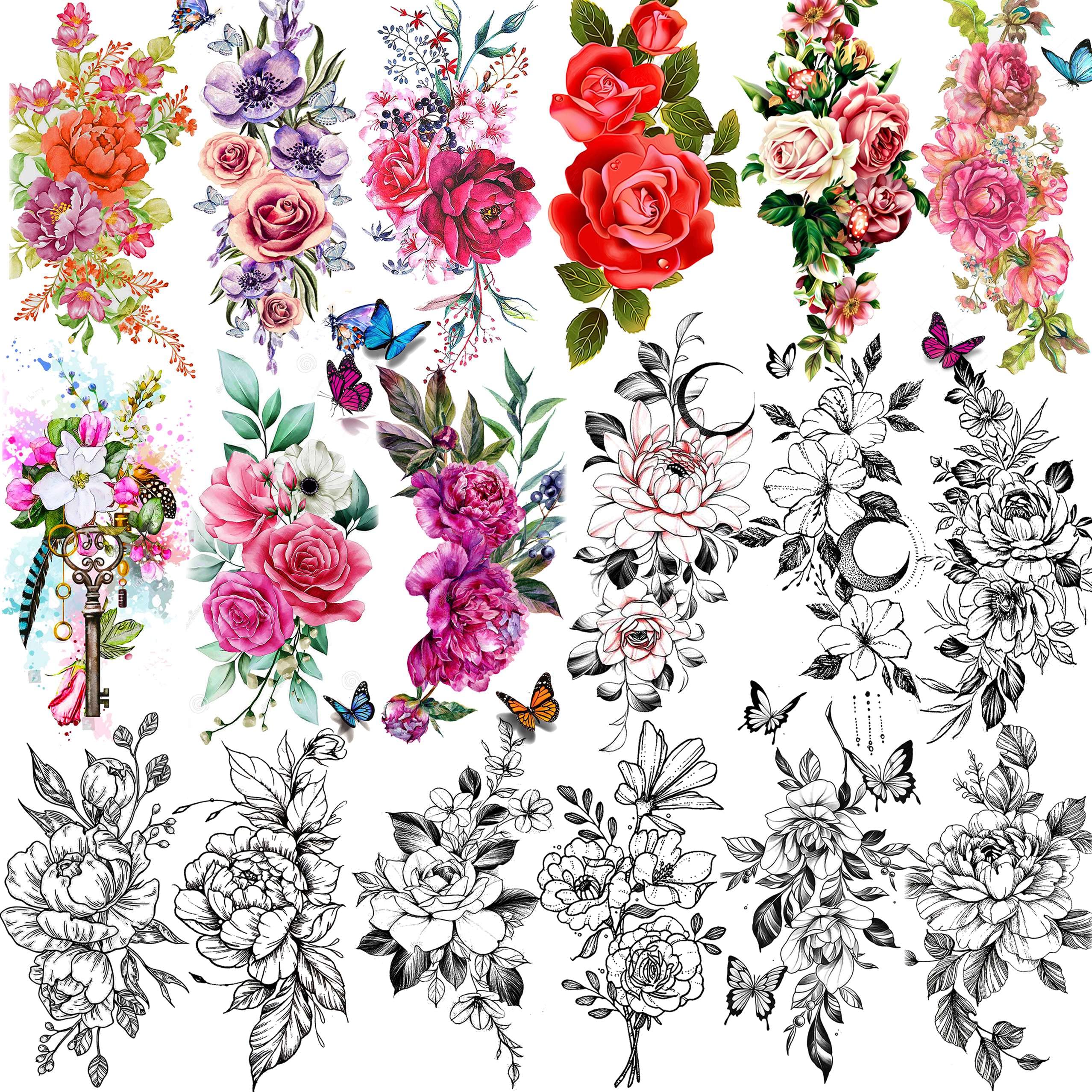 TASROI 18 Sheets Sexy Flower Rose Temporary Tattoos For Women Girls Adults, Women Body Art Fake Arm Tattoo Stickers, Waterproof Moon Butterfly Black Floral Tattoo Temporary Orchid Dahlia Neck Tatoos