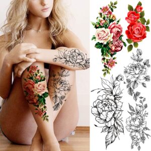 TASROI 18 Sheets Sexy Flower Rose Temporary Tattoos For Women Girls Adults, Women Body Art Fake Arm Tattoo Stickers, Waterproof Moon Butterfly Black Floral Tattoo Temporary Orchid Dahlia Neck Tatoos