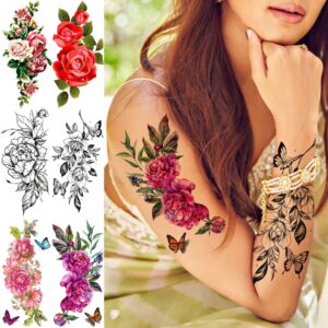 TASROI 18 Sheets Sexy Flower Rose Temporary Tattoos For Women Girls Adults, Women Body Art Fake Arm Tattoo Stickers, Waterproof Moon Butterfly Black Floral Tattoo Temporary Orchid Dahlia Neck Tatoos