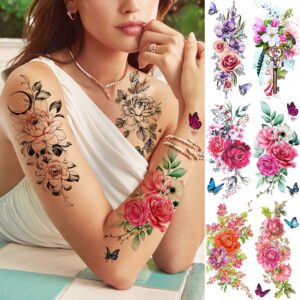 TASROI 18 Sheets Sexy Flower Rose Temporary Tattoos For Women Girls Adults, Women Body Art Fake Arm Tattoo Stickers, Waterproof Moon Butterfly Black Floral Tattoo Temporary Orchid Dahlia Neck Tatoos