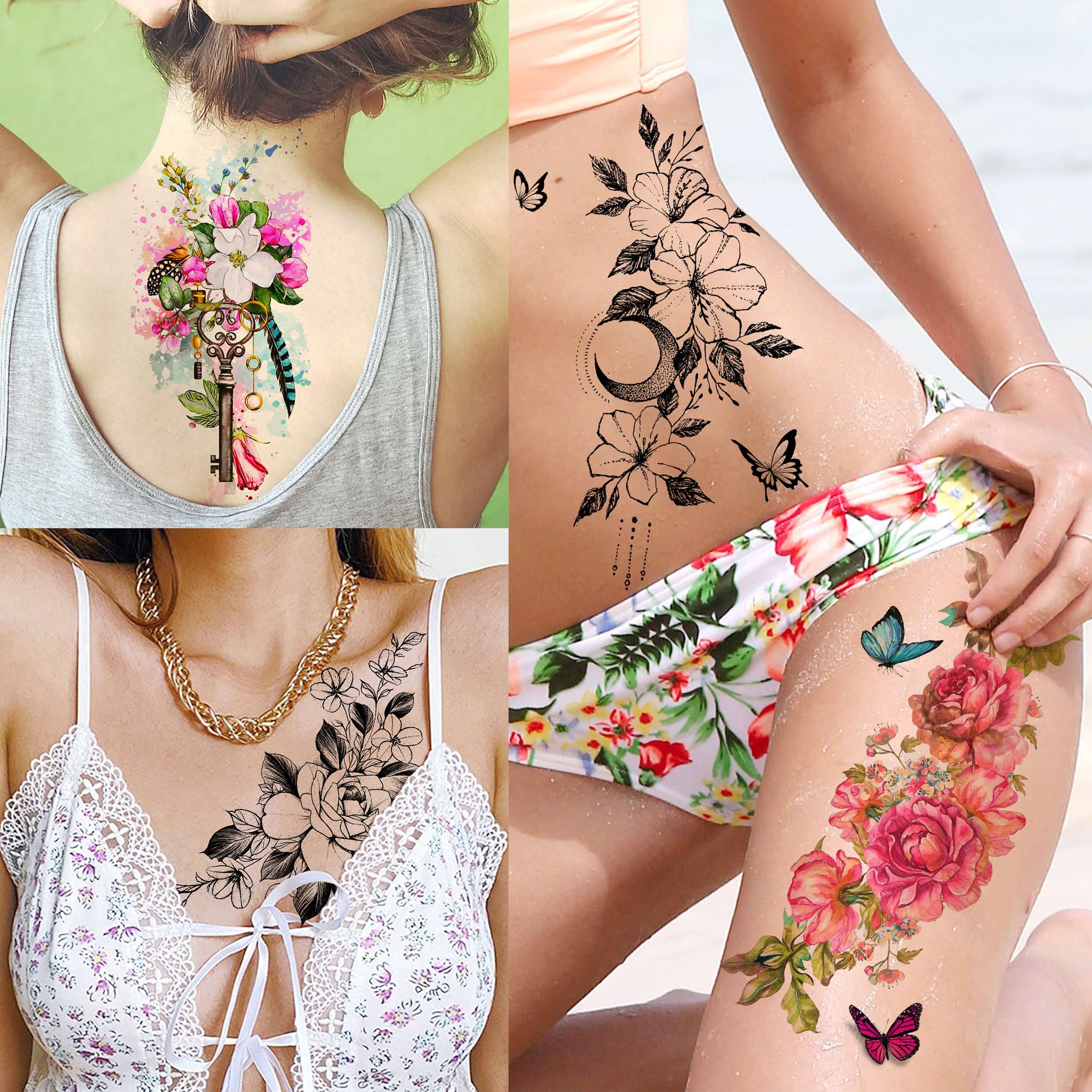 TASROI 18 Sheets Sexy Flower Rose Temporary Tattoos For Women Girls Adults, Women Body Art Fake Arm Tattoo Stickers, Waterproof Moon Butterfly Black Floral Tattoo Temporary Orchid Dahlia Neck Tatoos