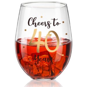 patelai 40th birthday gift for men women stemless wine glass, 17 oz gold cheers to 40 years birthday wine glass present 40th anniversary or birthday wedding home party decor office supplies