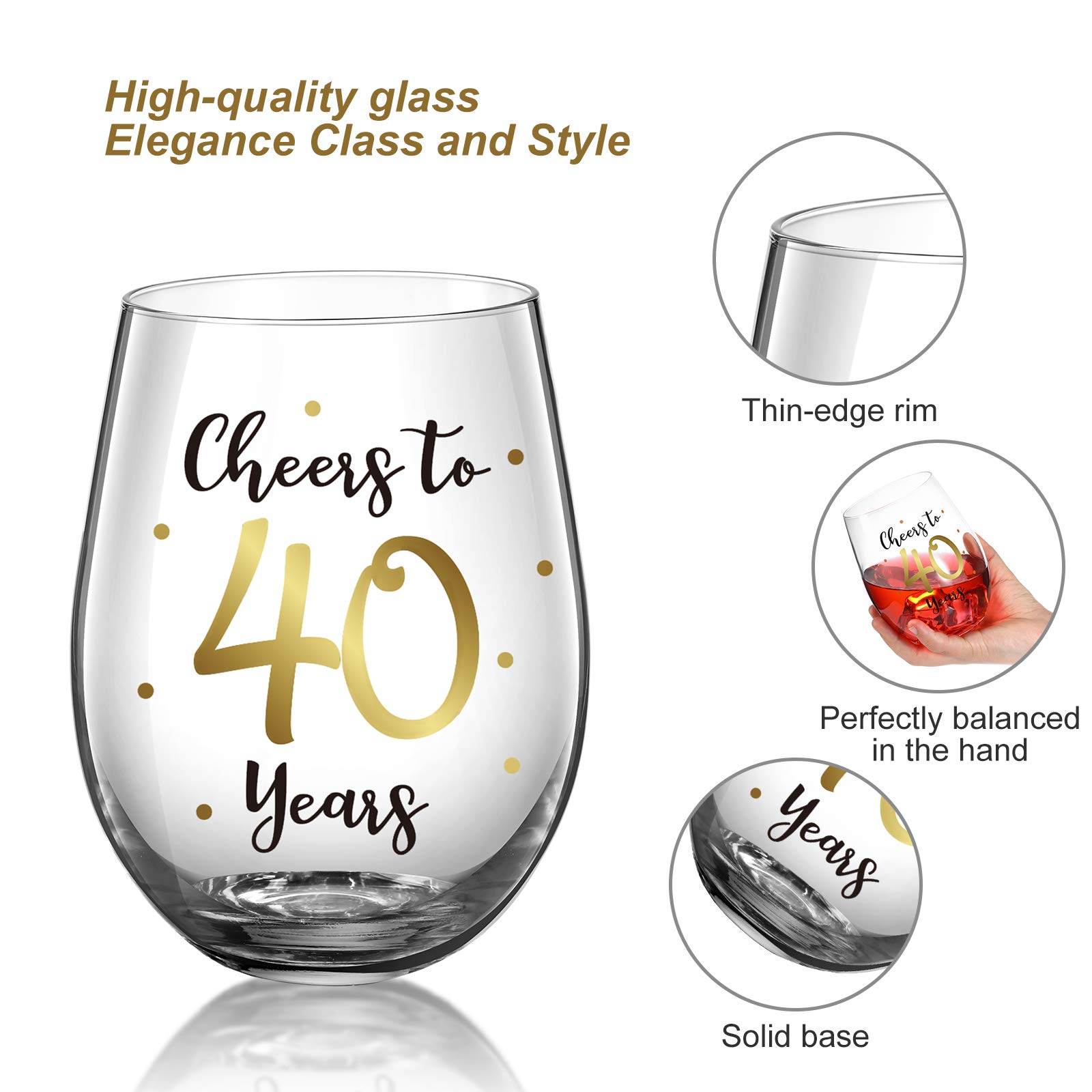 Patelai 40th Birthday Gift for Men Women Stemless Wine Glass, 17 oz Gold Cheers to 40 Years Birthday Wine Glass Present 40th Anniversary or Birthday Wedding Home Party Decor Office Supplies