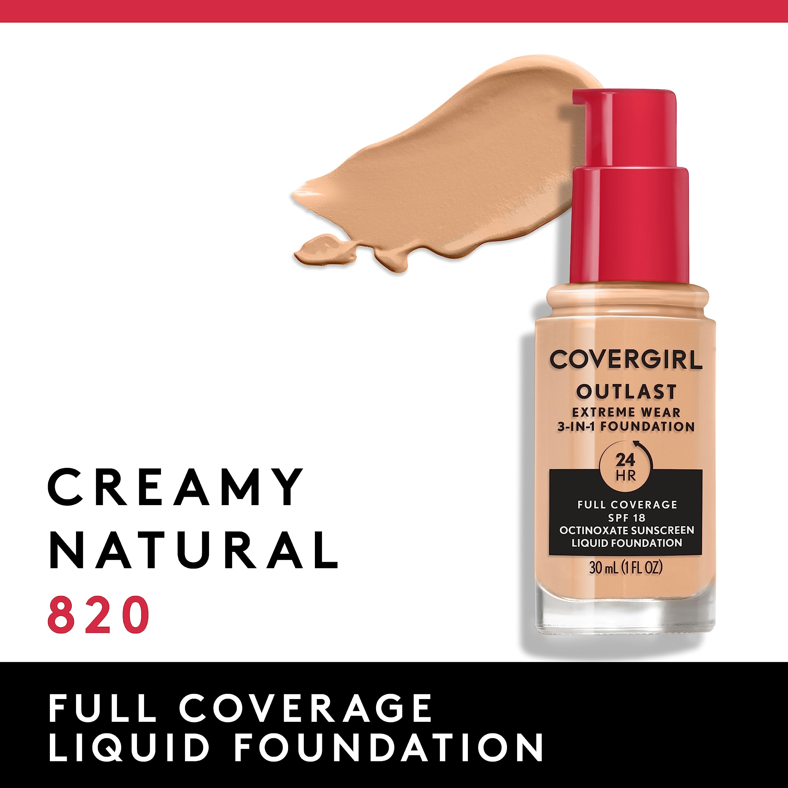 Covergirl Outlast Extreme Wear 3-in-1 Full Coverage Liquid Foundation, SPF 18 Sunscreen, Creamy Natural, 1 Fl. Oz.