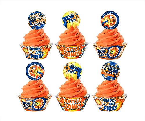 Dart War Cupcake Kit - 48 pieces - 24 Dart War Cupcake Toppers and 24 Cupcake Wrappers - Dart War Party Supplies - Dart War Party Decorations - Cupcake