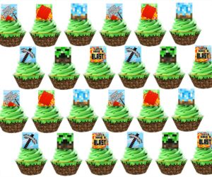 48 pcs pixel cupcake toppers and wrappers - 24 cupcake toppers and 24 wrappers - pixel party supplies - pixel party decorations - cupcake