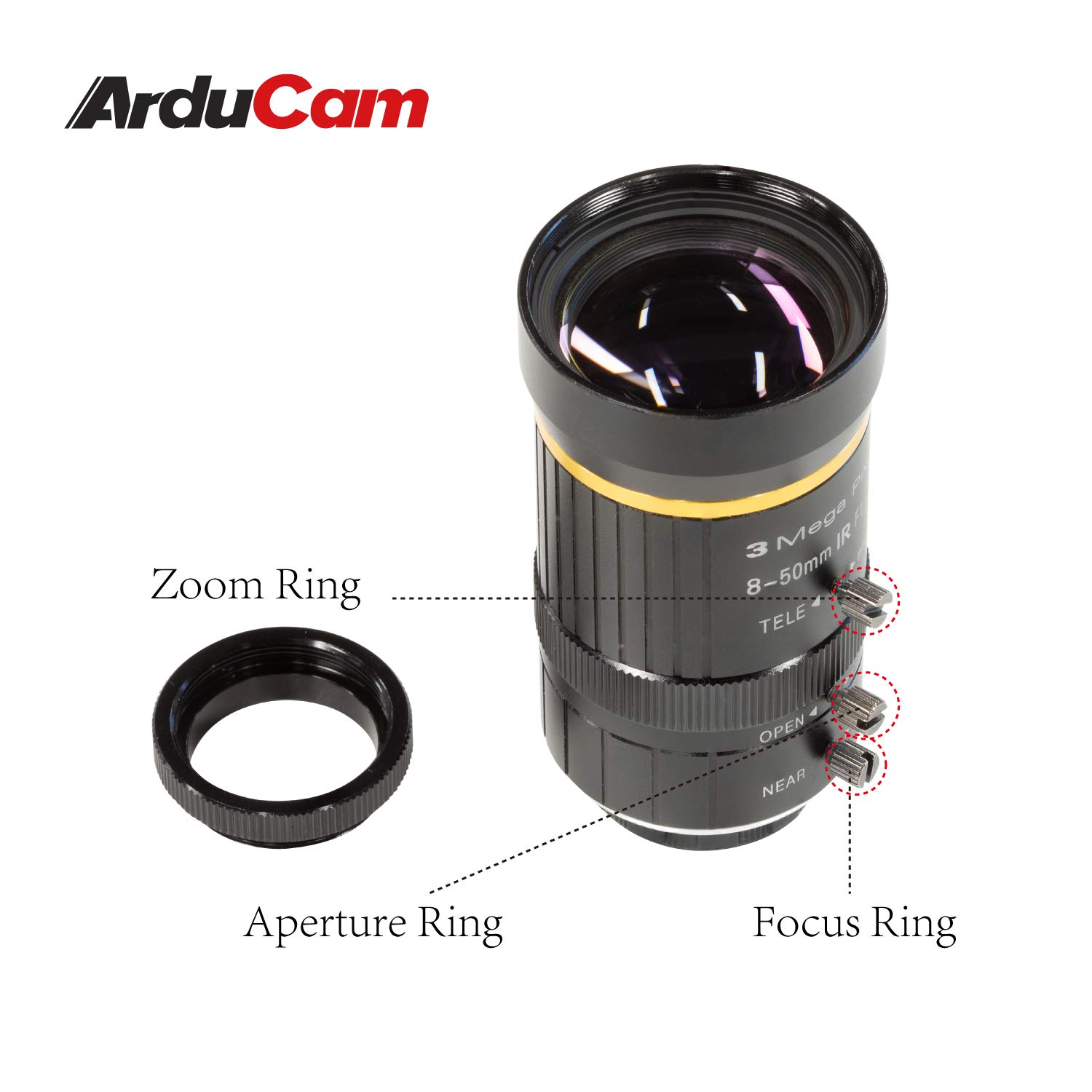 Arducam 8-50mm C-Mount Zoom Lens for IMX477 Raspberry Pi HQ Camera, with C-CS Adapter, Industrial Telescope Lens