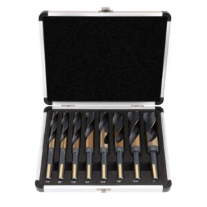 comoware reduced shank drill bit set- 1/2” silver and deming large drill bit, 8 pcs hss m2 black and gold oxide finish, 135 degree split point, ideal for smooth drilling, with storage case
