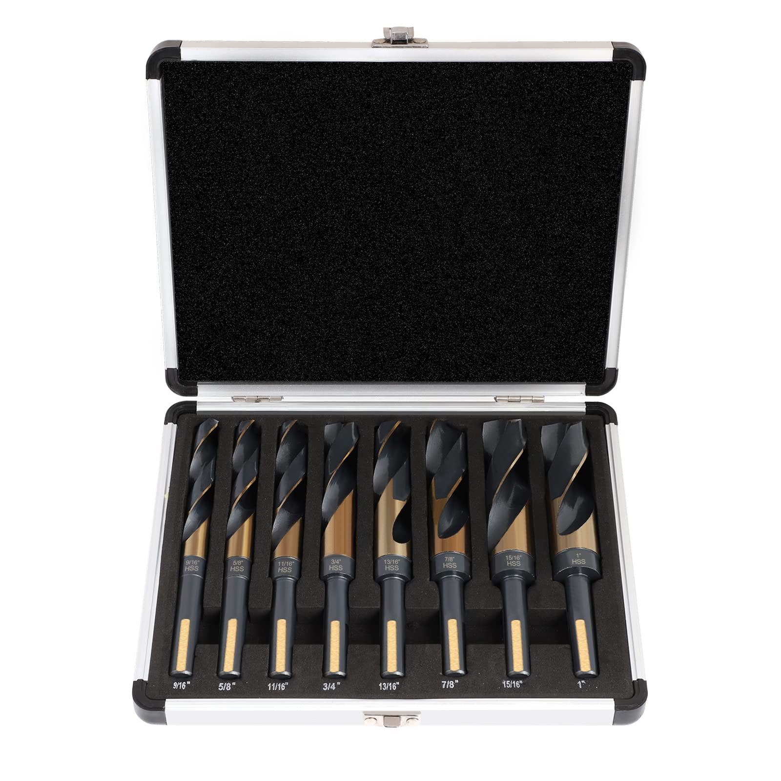 COMOWARE Reduced Shank Drill Bit Set- 1/2” Silver and Deming Large Drill Bit, 8 pcs HSS M2 Black and Gold Oxide Finish, 135 Degree Split Point, Ideal for Smooth Drilling, with Storage case