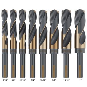 COMOWARE Reduced Shank Drill Bit Set- 1/2” Silver and Deming Large Drill Bit, 8 pcs HSS M2 Black and Gold Oxide Finish, 135 Degree Split Point, Ideal for Smooth Drilling, with Storage case