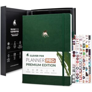 clever fox planner pro premium edition– luxurious weekly & monthly planner + budget planner organizer for productivity & reaching goals, undated, a4 hardcover + keepsake box, lasts 1 year, forestgreen