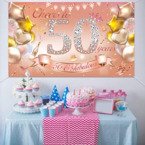 HOWAF Woman 50th Birthday Party Decoration Rose Gold, Fabric Banner for 50th Birthday Photo Backdrop Photography Background, 50th Birthday Outdoor Garden Table Wall Decoration Supplies