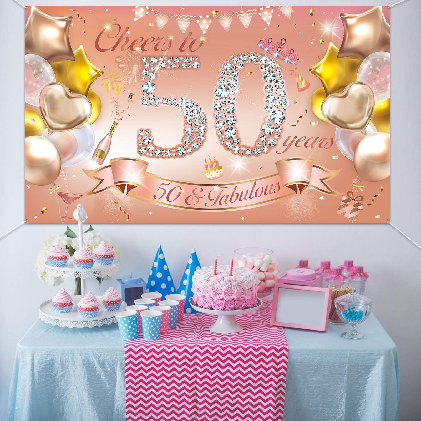 HOWAF Woman 50th Birthday Party Decoration Rose Gold, Fabric Banner for 50th Birthday Photo Backdrop Photography Background, 50th Birthday Outdoor Garden Table Wall Decoration Supplies