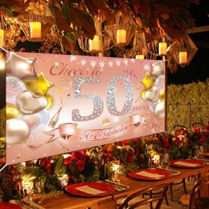 HOWAF Woman 50th Birthday Party Decoration Rose Gold, Fabric Banner for 50th Birthday Photo Backdrop Photography Background, 50th Birthday Outdoor Garden Table Wall Decoration Supplies