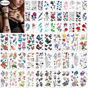 60 sheets waterproof butterfly flower temporary tattoos stickers for women,multiple design styles