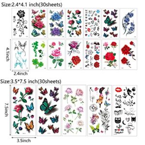 60 Sheets Waterproof Butterfly Flower Temporary Tattoos Stickers for Women,Multiple Design Styles