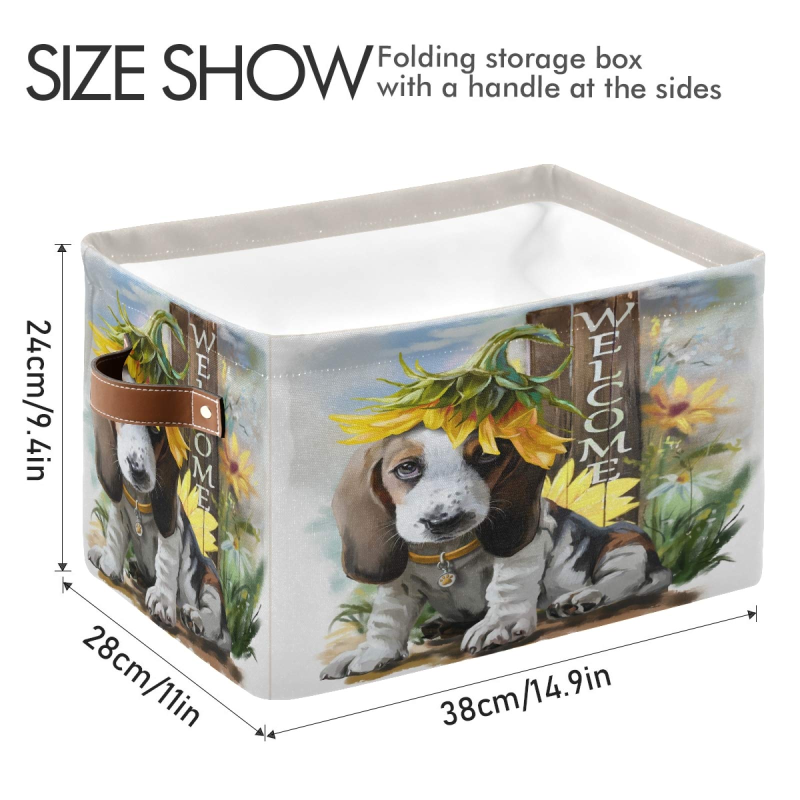 ALAZA Decorative Basket Rectangular Storage Bin, Welcome Sunny The Beagle Organizer Basket with Leather Handles for Home Office