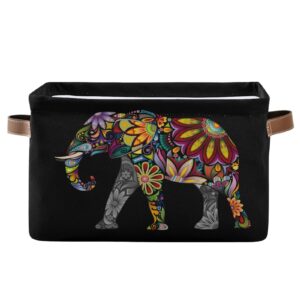 alaza decorative basket rectangular storage bin, cheerful indian african elephant boho organizer basket with leather handles for home office