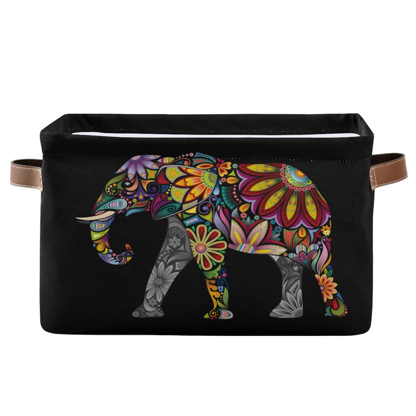 ALAZA Decorative Basket Rectangular Storage Bin, Cheerful Indian African Elephant Boho Organizer Basket with Leather Handles for Home Office