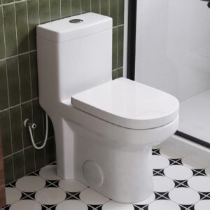 horow hwmt-8733u small compact one piece toilet, power dual flush toilet for bathroom, water saving toilet with soft closing seat, quick release & uf seat, white toilet bowl, 12'' rough-in