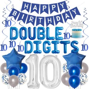 10th birthday decoration blue for boys girl double digits 10th birthday balloon banner cake topper hanging swirls for 10 year old birthday supplies
