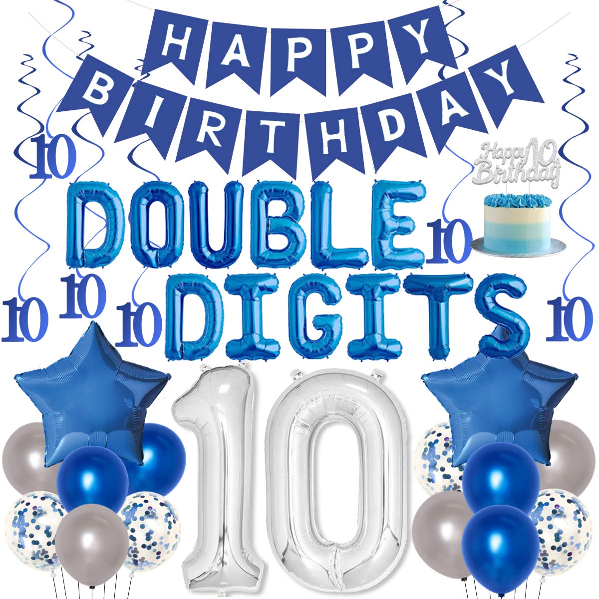 10th Birthday Decoration Blue for Boys Girl Double Digits 10th Birthday Balloon Banner Cake Topper Hanging Swirls for 10 Year Old Birthday Supplies