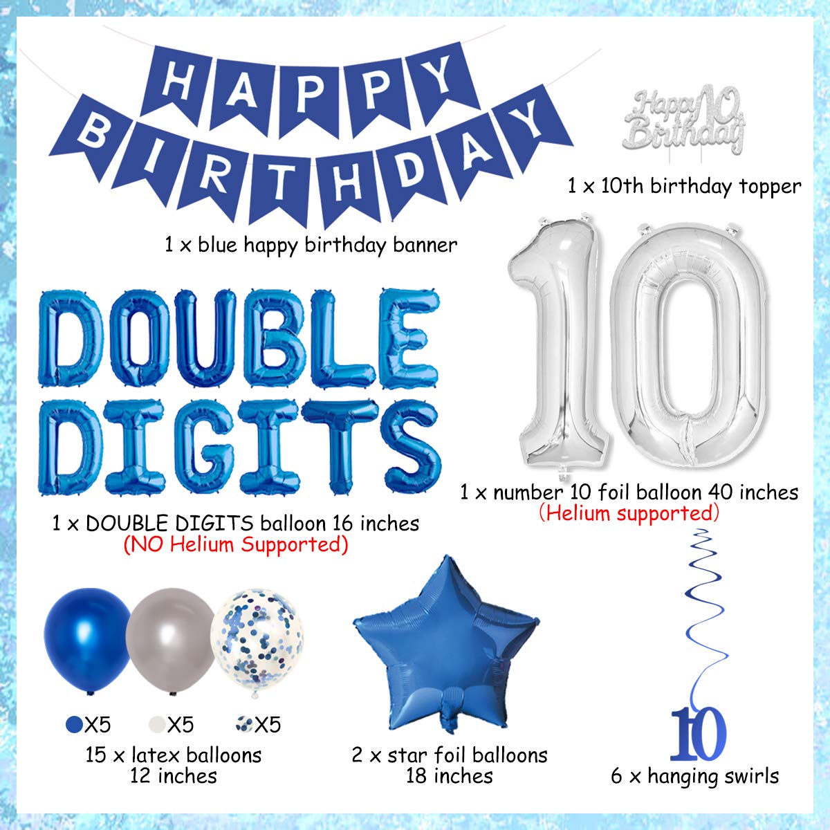 10th Birthday Decoration Blue for Boys Girl Double Digits 10th Birthday Balloon Banner Cake Topper Hanging Swirls for 10 Year Old Birthday Supplies