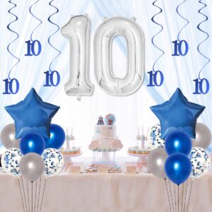 10th Birthday Decoration Blue for Boys Girl Double Digits 10th Birthday Balloon Banner Cake Topper Hanging Swirls for 10 Year Old Birthday Supplies