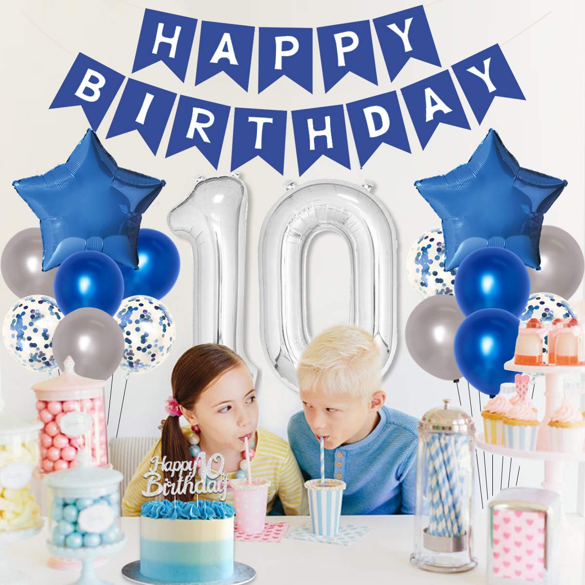 10th Birthday Decoration Blue for Boys Girl Double Digits 10th Birthday Balloon Banner Cake Topper Hanging Swirls for 10 Year Old Birthday Supplies