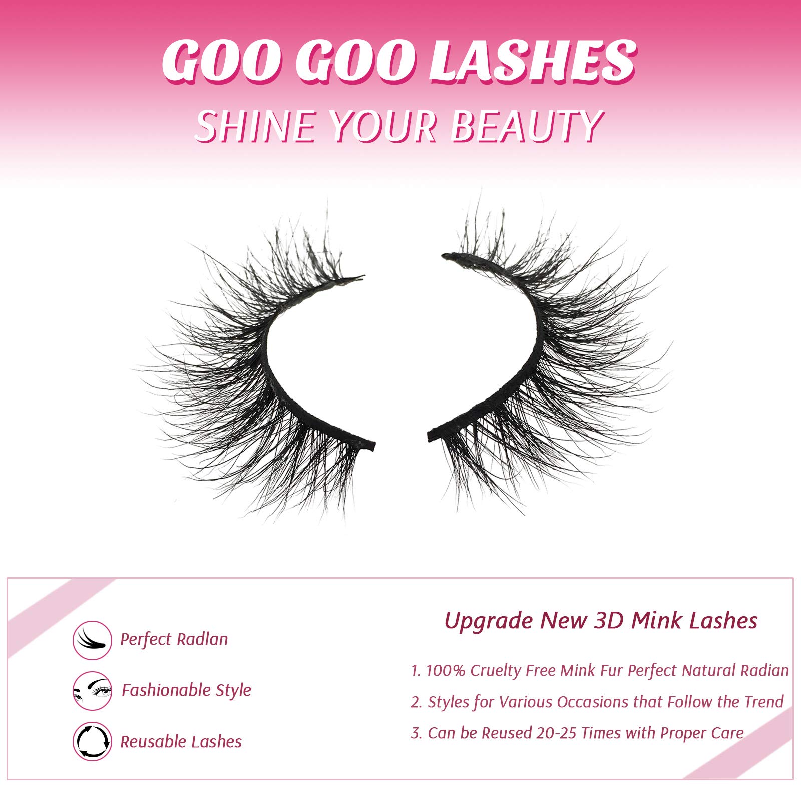 GOO GOO Mink Lashes 3D Mink Eyelashes, 10mm-14mm Natural False Lashes Siberian Faux Mink Lashes Real Layered Effect Hand Made Strips Lashes for Women Reusable Fake Lashes 1 Pair