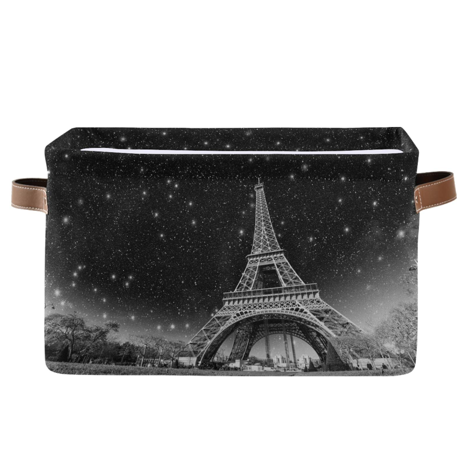 ALAZA Decorative Basket Rectangular Storage Bin, Wonderful Night View of Eiffel Tower in Paris Organizer Basket with Leather Handles for Home Office