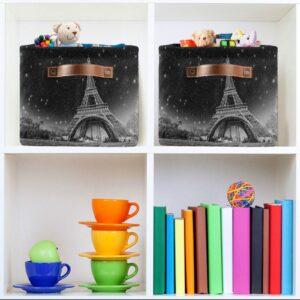 ALAZA Decorative Basket Rectangular Storage Bin, Wonderful Night View of Eiffel Tower in Paris Organizer Basket with Leather Handles for Home Office