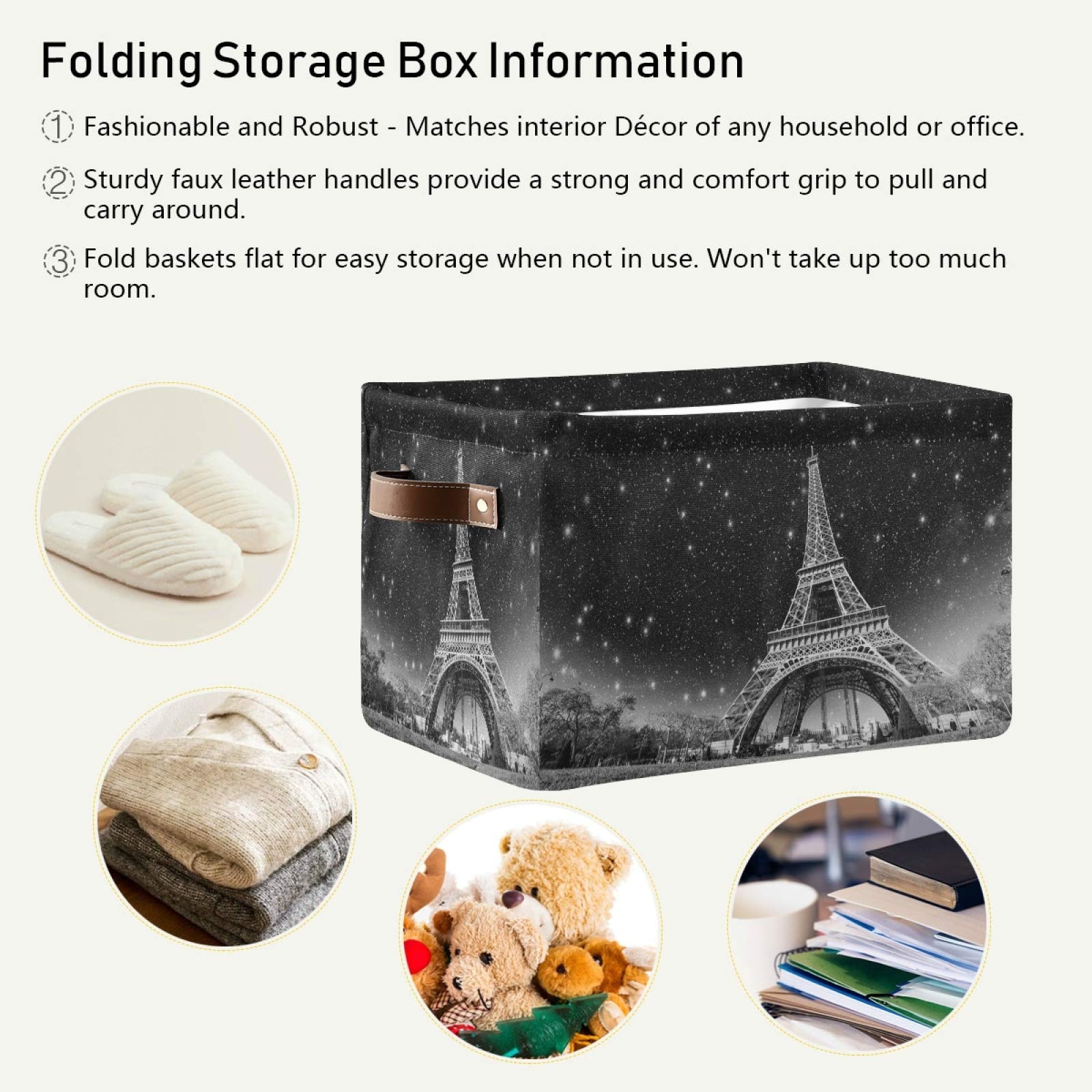 ALAZA Decorative Basket Rectangular Storage Bin, Wonderful Night View of Eiffel Tower in Paris Organizer Basket with Leather Handles for Home Office