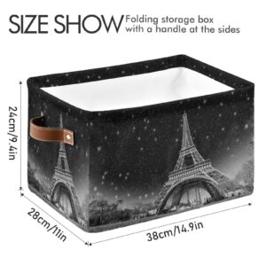 ALAZA Decorative Basket Rectangular Storage Bin, Wonderful Night View of Eiffel Tower in Paris Organizer Basket with Leather Handles for Home Office