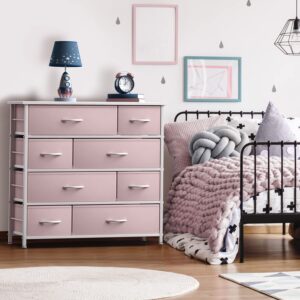 Sorbus Dresser with 8 Drawers - Furniture Storage Chest for Kid’s, Teens, Bedroom, Nursery, Playroom, Clothes, Toys - Steel Frame, Wood Top, Fabric Bins (Pink)