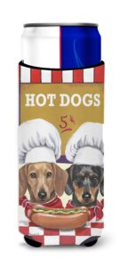 caroline's treasures ppp3083muk dachshund hot dog stand ultra hugger for slim cans can cooler sleeve hugger machine washable drink sleeve hugger collapsible insulator beverage insulated holder