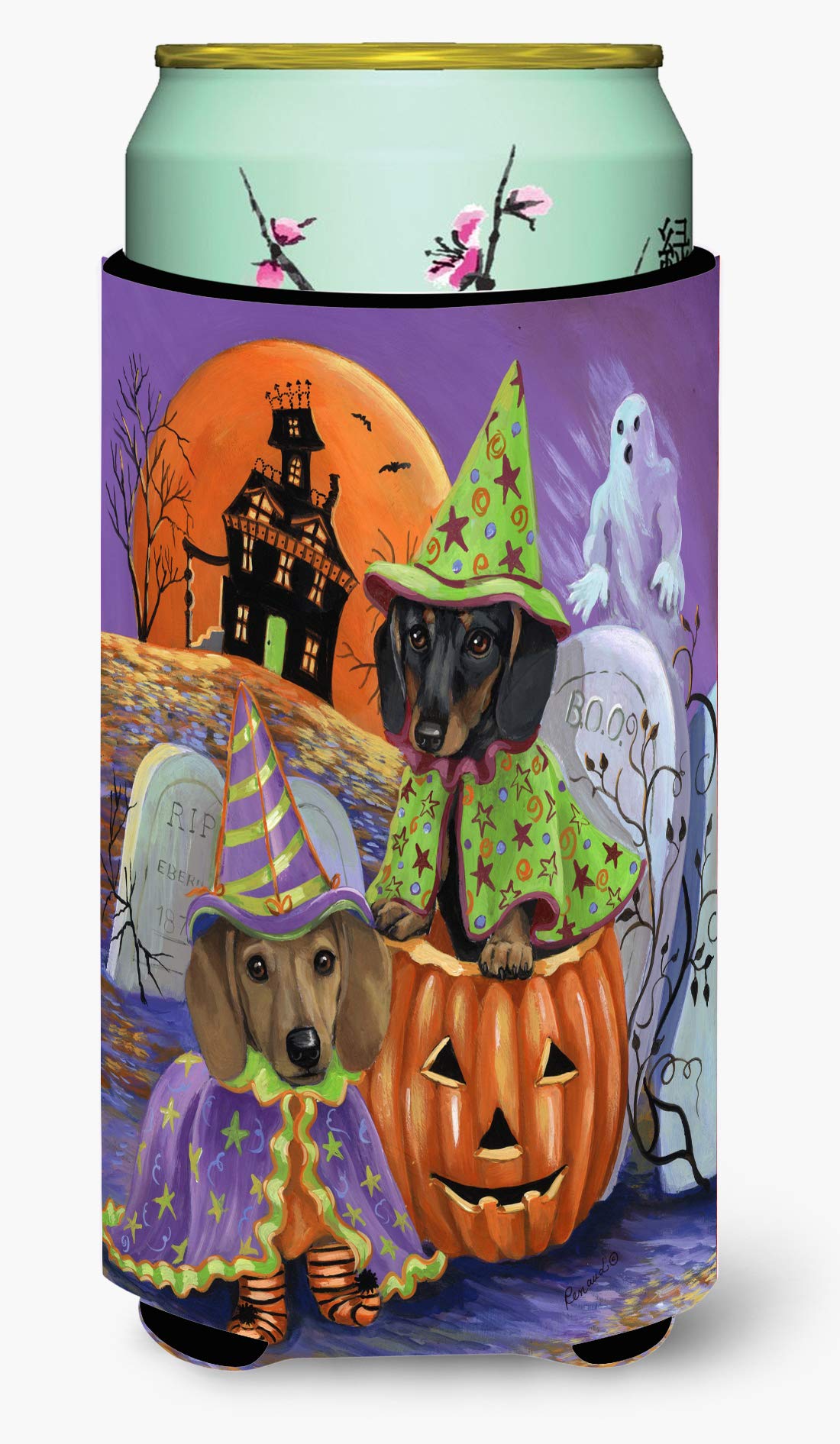 Caroline's Treasures PPP3082TBC Dachshund Halloween Haunted House Tall Boy Hugger Can Cooler Sleeve Hugger Machine Washable Drink Sleeve Hugger Collapsible Insulator Beverage Insulated Holder