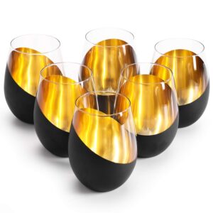 mygift modern matte black and gold tilted design stemless wine glasses tumblers - 18 oz, set of 6