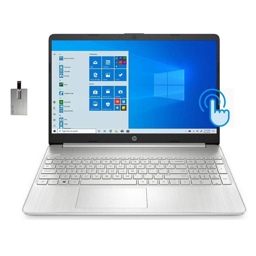 HP 2021 15.6” HD Touchscreen Laptop Computer, AMD Ryzen 7-4700U Processor, 16GB RAM, 256GB SSD, HD Audio, HD Webcam, AMD Radeon Graphics, Bluetooth, HDMI, Windows 10, Silver, 32GB SnowBell USB Card