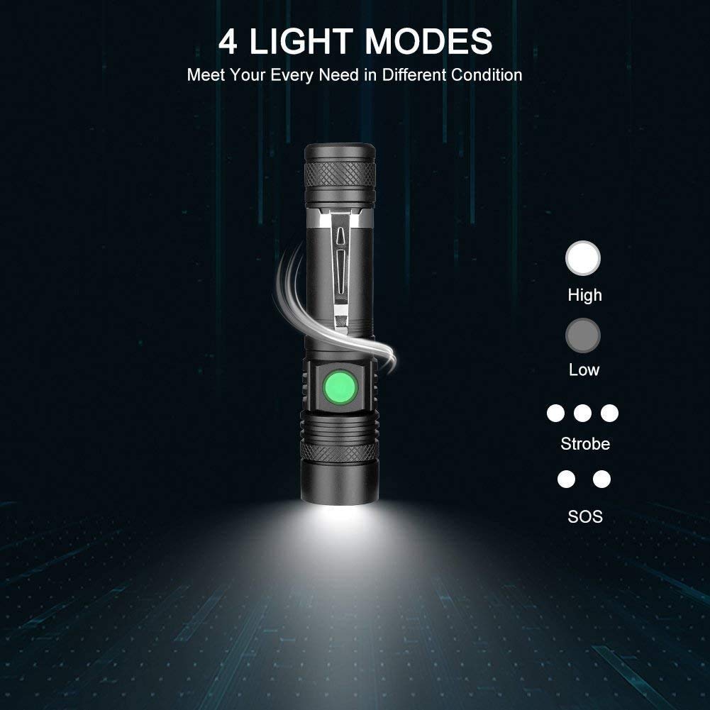 LED Tactical Flashlight Rechargeable, IPX6 Waterproof Flashlight, 2000lm, Super Bright LED, Zoomable, Pocket-Size Small LED Flashlight for Hiking, Camping, Emergency