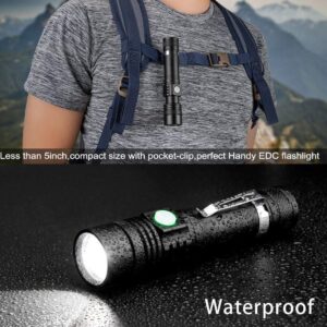 LED Tactical Flashlight Rechargeable, IPX6 Waterproof Flashlight, 2000lm, Super Bright LED, Zoomable, Pocket-Size Small LED Flashlight for Hiking, Camping, Emergency
