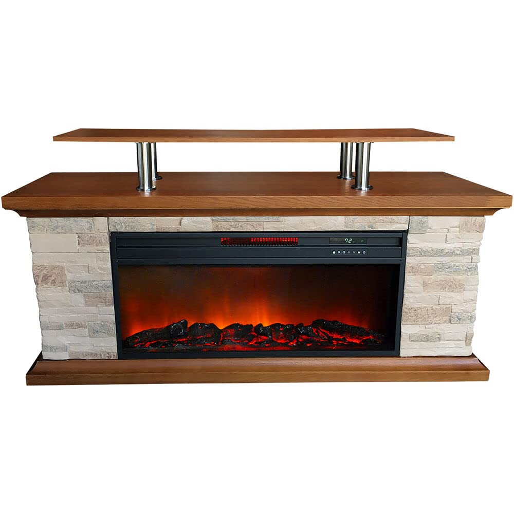 Lifesmart 60-in. Faux Stone Media Fireplace Heater with Remote Control and Timer, 3-Quartz Infrared Heat, Electric Space Heater TV Stand for Bedroom, Office, Living Room