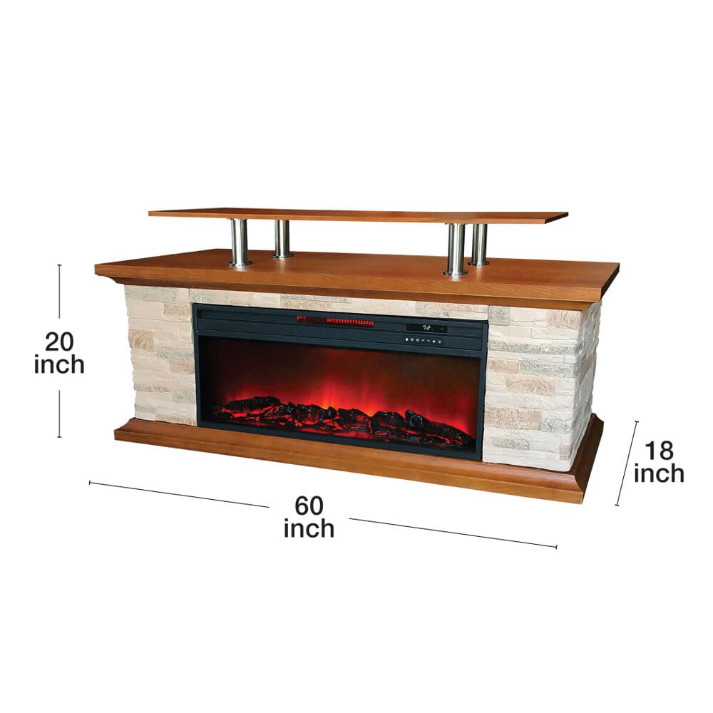 Lifesmart 60-in. Faux Stone Media Fireplace Heater with Remote Control and Timer, 3-Quartz Infrared Heat, Electric Space Heater TV Stand for Bedroom, Office, Living Room