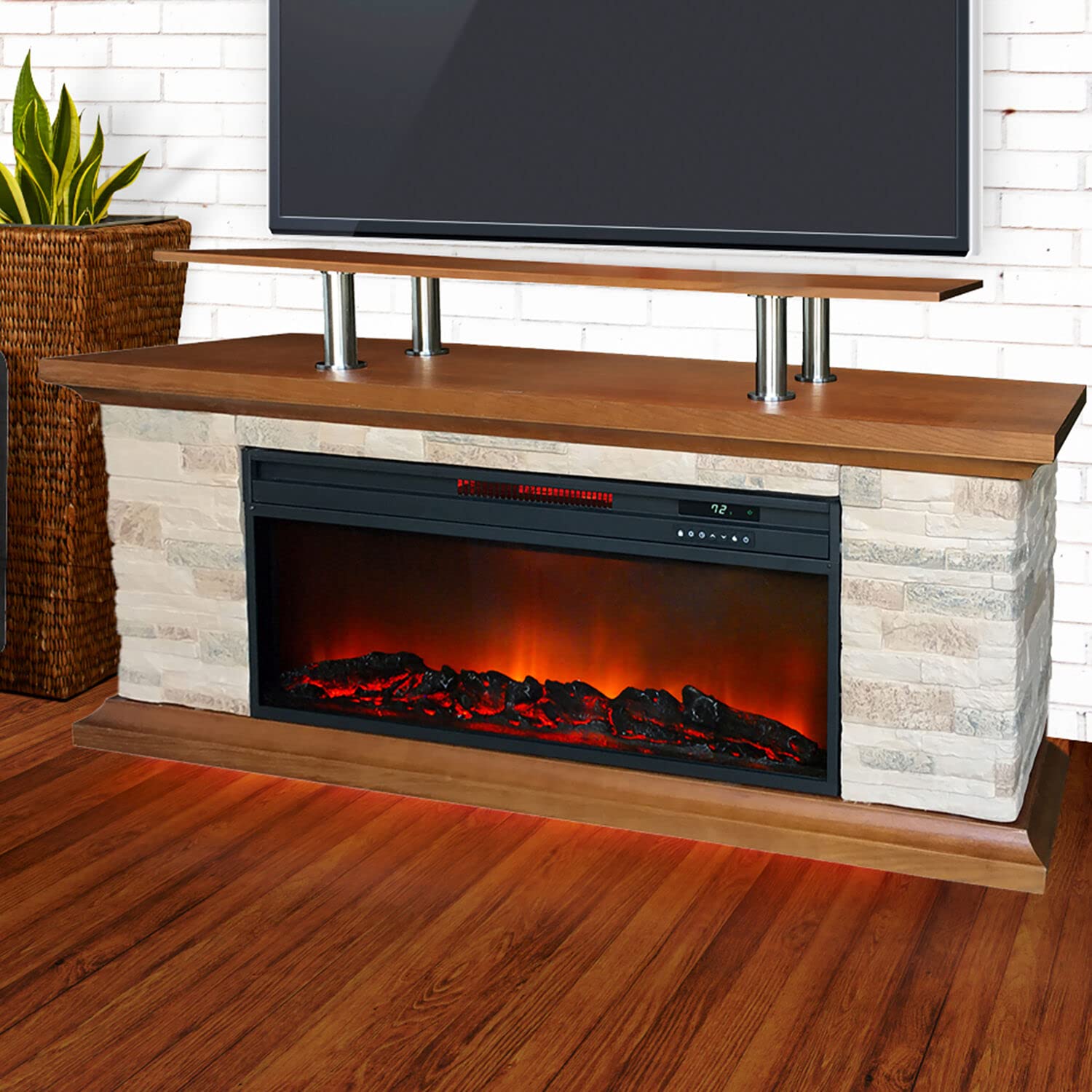 Lifesmart 60-in. Faux Stone Media Fireplace Heater with Remote Control and Timer, 3-Quartz Infrared Heat, Electric Space Heater TV Stand for Bedroom, Office, Living Room