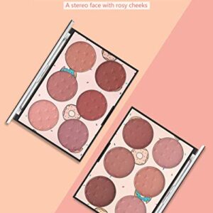 6 Color Blush Palette, Matte and Shimmer Powder, Highlight Face Blusher Buildable, Professional Facial Contour Blush Pallet Pigmented and Long Last For Natural Fair Dark Skin Tone