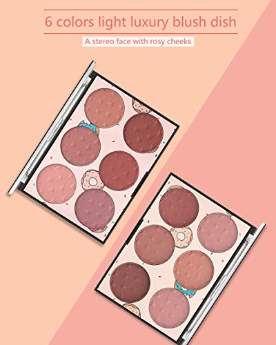 6 Color Blush Palette, Matte and Shimmer Powder, Highlight Face Blusher Buildable, Professional Facial Contour Blush Pallet Pigmented and Long Last For Natural Fair Dark Skin Tone