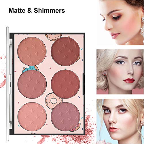 6 Color Blush Palette, Matte and Shimmer Powder, Highlight Face Blusher Buildable, Professional Facial Contour Blush Pallet Pigmented and Long Last For Natural Fair Dark Skin Tone